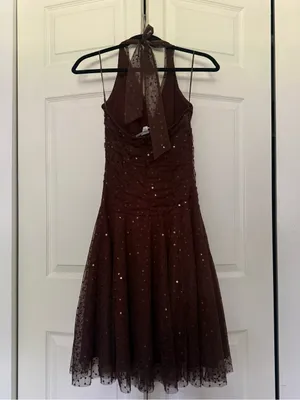 Vintage Y2K Necessary Objects Brown Sequin Halter Tulle Mini Dress Size Small thumbnail 4