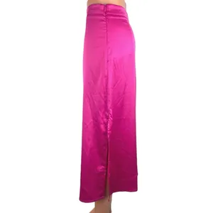 Womens Neon Pink Satin Silk High Slit Midi A-Line Maxi Slip Blogger Skirt Size S thumbnail 2