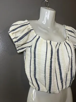 American Eagle Outfitters Blouse Womens Small Striped Puff Sleeve Cropped Top thumbnail 2