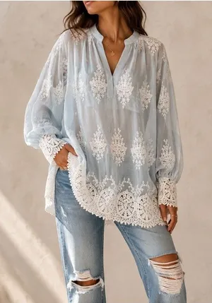 Anthropologie Sample‎ Piece Lace Embroidered Tunic Blouse Blue M / L Rare thumbnail 1