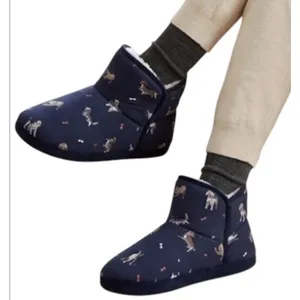 Joules Winter Cozy Slippers Size 6 US Blue Dog Print Faux Fur Pull On Style thumbnail 1