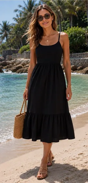 Old Navy Black Smocked Bodice Midi Dress Small Spaghetti Strap Flowy Boho thumbnail 1