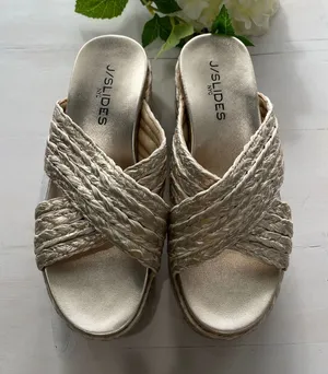 J/Slides NYC Gold‎ Woven Cross Strap Platform Wedge Sandals Gold Size 6 thumbnail 1