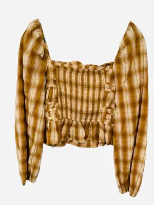 Bohme Brown Beige Plaid Smocked Blouse Size Large NWOT thumbnail 2