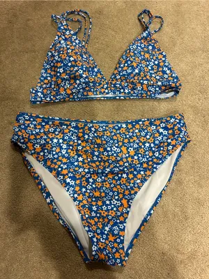 SheIn Blue & Orange Floral Bikini Set thumbnail 1