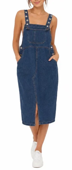 X-Girl Denim Overall Pinafore Dress Blue Daisy Embroidered Straps Midi Size M thumbnail 1
