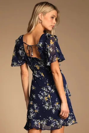 Lulus Spring Sweetheart Navy Blue Floral Flutter Sleeve Mini Dress S thumbnail 2