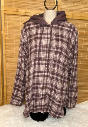 American Eagle purple cream plaid hoodie button-down flannel shirt top woman’s L thumbnail 1