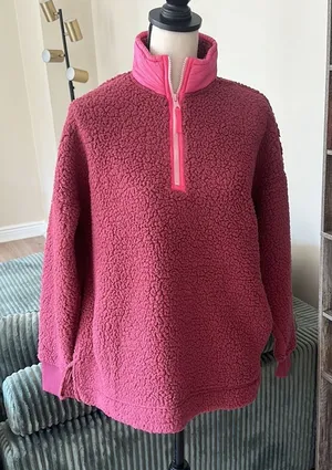 NWT Aerie Sherpa Half Zip Pullover size XS Red/Pink thumbnail 1