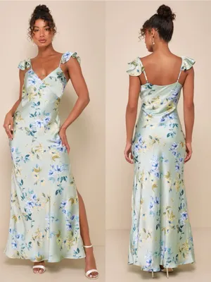 LULU’S Captivating Grace Sage Green Floral Satin Ruffled Maxi Dress thumbnail 2