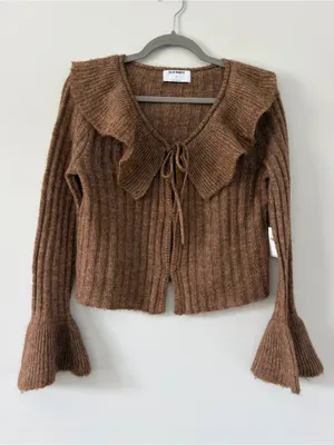 Old Navy Brown Wool Blend Ruffle Tie Front Bell Sleeve Cropped Knit Cardigan NWT thumbnail 1