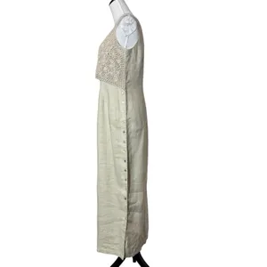 Vintage Y2K 100% Linen Maxi Dress Size 8 Crochet Button Up Fairy Coastal Boho thumbnail 2
