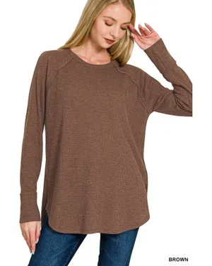 Zenana Baby Waffle Long Sleeve Top - Brown - Small thumbnail 1