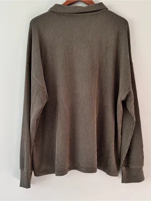 Oversized Olive Green Ribbed Stretchy Pullover Shirt sz XL thumbnail 2