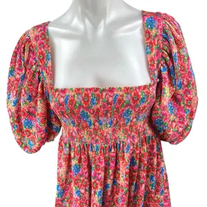 Zara Multicolor Floral Puff Sleeve Smocked Square Neck Mini Fit & Flare Dress L thumbnail 3