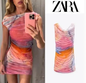 ZARA dress mini drapped tulle bleach effect summer party night out thumbnail 2