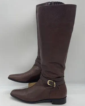 Talbots Womens 7AA Riding Boots Tall Brown Pebbled‎ Leather Gold Buckle Full Zip thumbnail 1