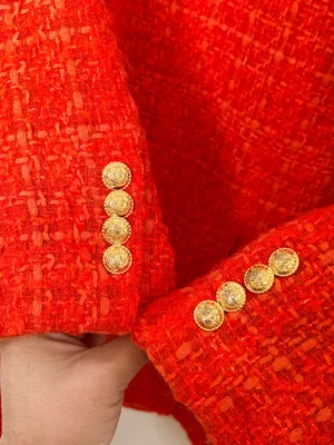 Zara Orange Bouclé Tweed Blazer Gold Button Preppy Quiet Luxury Old Money Size L thumbnail 10