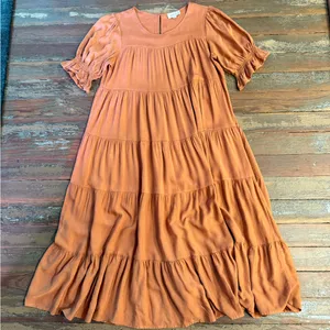 Bohme Bohemian Danae Tiered Camel Brown Midi Dress Sz Small 🍄 thumbnail 7