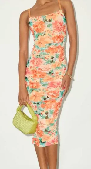 NEW Lulus Date Night Beauty Orange Floral Print Mesh Ruched Midi Dress Small thumbnail 1