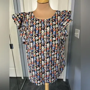 J Crew Mercantile‎ Women's Floral Ruffle Sleeve Top Size 12 Black Multi thumbnail 3