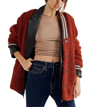 Free People Sweet Varsity Cardigan Teddy Fleece Jacket Size Medium thumbnail 1