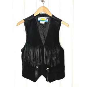 Spring West Black Genuine Leather Suede Fringe Western Vest Conchos Womens M thumbnail 2