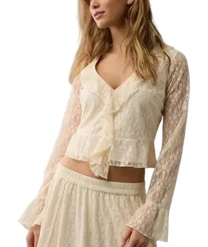 American Eagle Lace Ruffle Bell Sleeve Blouse Cream Fairycore Boho Top NWT S thumbnail 1