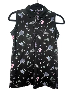 RLX Ralph Lauren Womens Sleeveless Polo Shirt Black Multi Sport Print XS PGA thumbnail 1