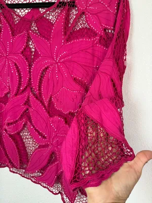 Surya Pink Beaded Sheer Floral Lace Top Boho Y2K Blouse Size L thumbnail 3