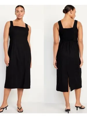 Old Navy Linen Blend Sleeveless Square Neck Midi Dress in Black - Size L thumbnail 3