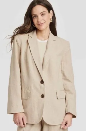A New Day Linen Blazer Womens Medium Tan Oversized Preppy Coastal Beachy Career‎ thumbnail 1