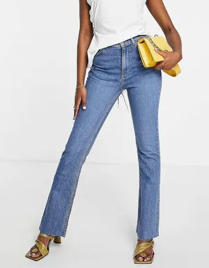 ASOS DESIGN high rise '70's' stretch flare jeans in midwash thumbnail 9