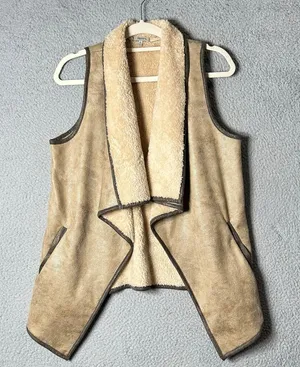 Jodifl Vest Womens M Tan Long Waterfall Front Sleeveless‎ Faux Fur Vest thumbnail 1