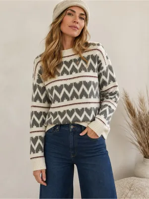 LA MEIL Knit Sweater Women’s Size Small Fair Isle Boho Pullover Cream Gray New thumbnail 8