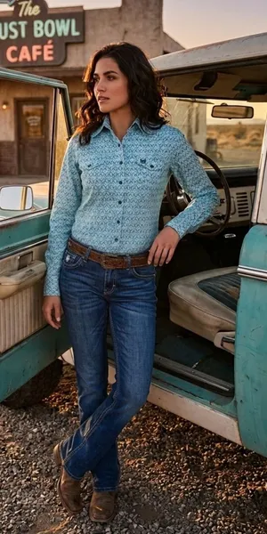 Cinch Women's Light Blue Printed Button-Down Shirt thumbnail 1