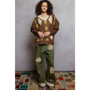 POL V-Neck Argyle Pattern Mohair Sweater with‎ Contrast Exposed Stitch Detail thumbnail 2