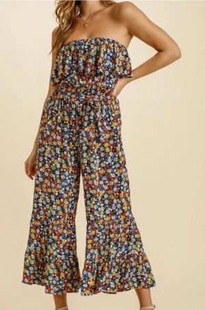 Umgee Women's Floral Boho Cropped Slip On Ruffle Jumpsuit 1X Strapless Vacay thumbnail 1