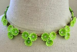 Vintage Lime Green Flower Rhinestone Necklace thumbnail 1