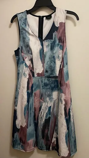 Mossimo Womens Color Splash Shift Mini Dress M Medium Bust 36” Teal Brown Cream thumbnail 1