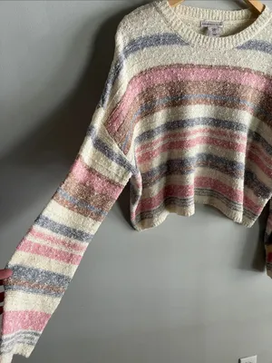 Sincerely Jules Striped Boucle Sweater Medium Oversized Cropped Cozy Knit thumbnail 3