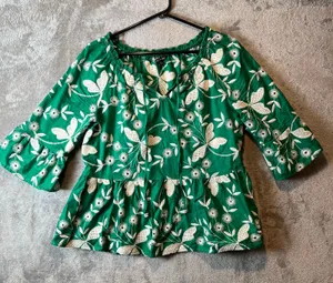 John Mark Bejeweled‎ Jade Green Embroidered Blouse Size Small Petite Cotton thumbnail 1