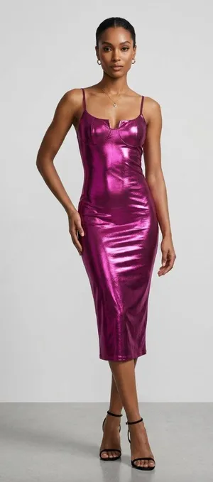 Metallic Magenta Midi Slip Dress Sz L thumbnail 1