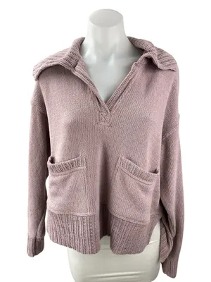 Free People Grace Pink Mauve Collared Pockets Long Sleeve Knit Sweater Top Sz XS thumbnail 1