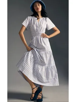 NWT Anthropologie Somerset Maxi in Sky Blue White Striped Cotton Tier Dress S thumbnail 2