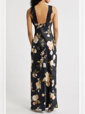 Lulus Judith Floral Jacquard Satin Lace Maxi Slip Dress Black XS NWT $110 thumbnail 2