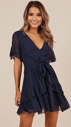 Showpo | NAVY KNOW WHAT YOU WANT DRESS SWISS DOTS RUFFLE SKIRT MINI SIZE 0 thumbnail 1