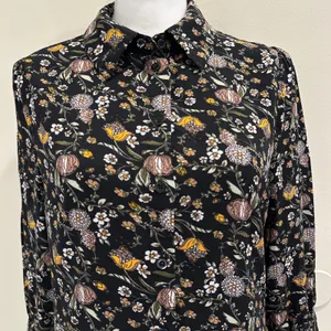 Natural Life Moody Floral Mini Shirt Dress Black Long Sleeve Rayon Cottage Med‎ thumbnail 3