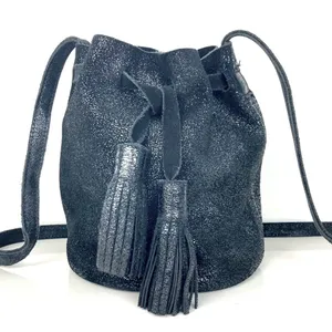 STREET LEVEL Leather Crossbody Bucket/Hobo Bag in Black thumbnail 1