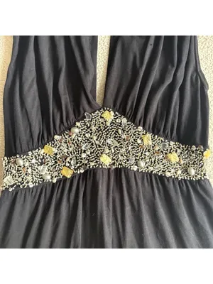 Black Embellished Empire Waist Dress Beaded Tiered Skirt with Tie Straps thumbnail 5